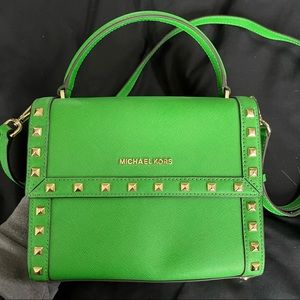 Michael Kors Dillon Stud Medium Messenger Satchel Handbag Green Studded Leather